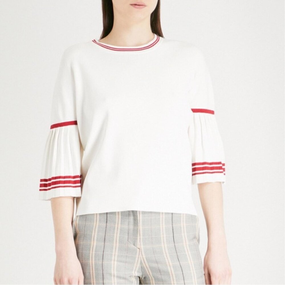 Maje Monica Pleated-Sleeve Knitted Top in White Red Size 1 (US Small)
